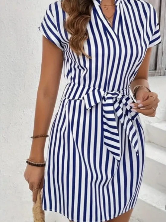 Striped Blue and White Tie-Waist Short Dress. Plus Size Available - Picture 1 of 9